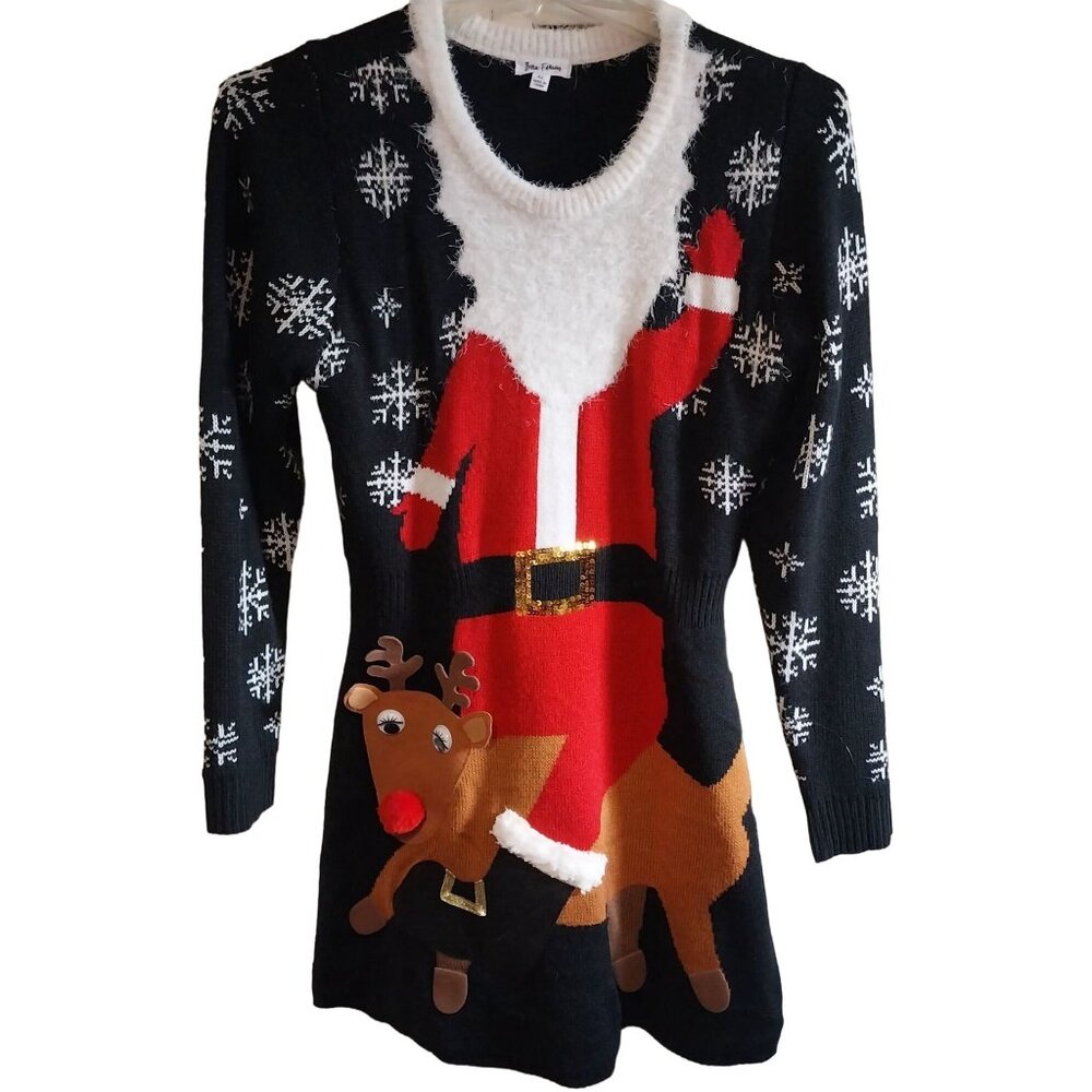 Born Famous Womens XL Black Christmas Sweater With Santa & Reindeer Applique